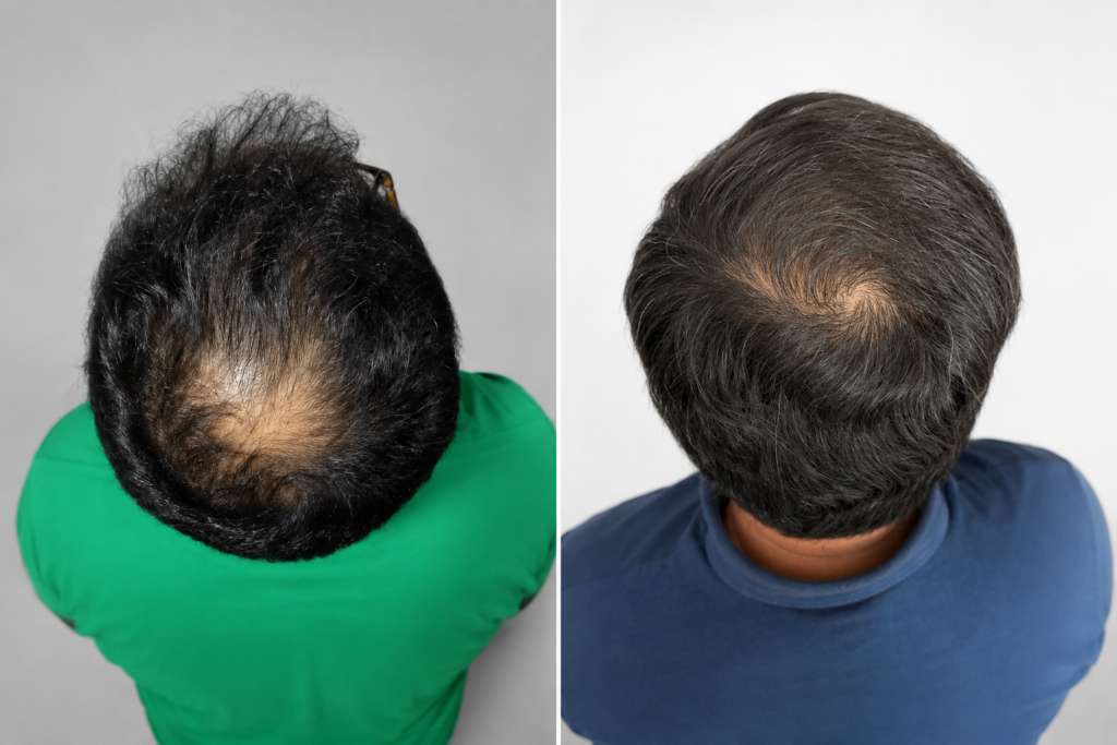 Implanter Pen Method: 2,800 grafts transplanted to the crown area to improve hair coverage and density. Result at 8 months post-procedure at Dr Hair