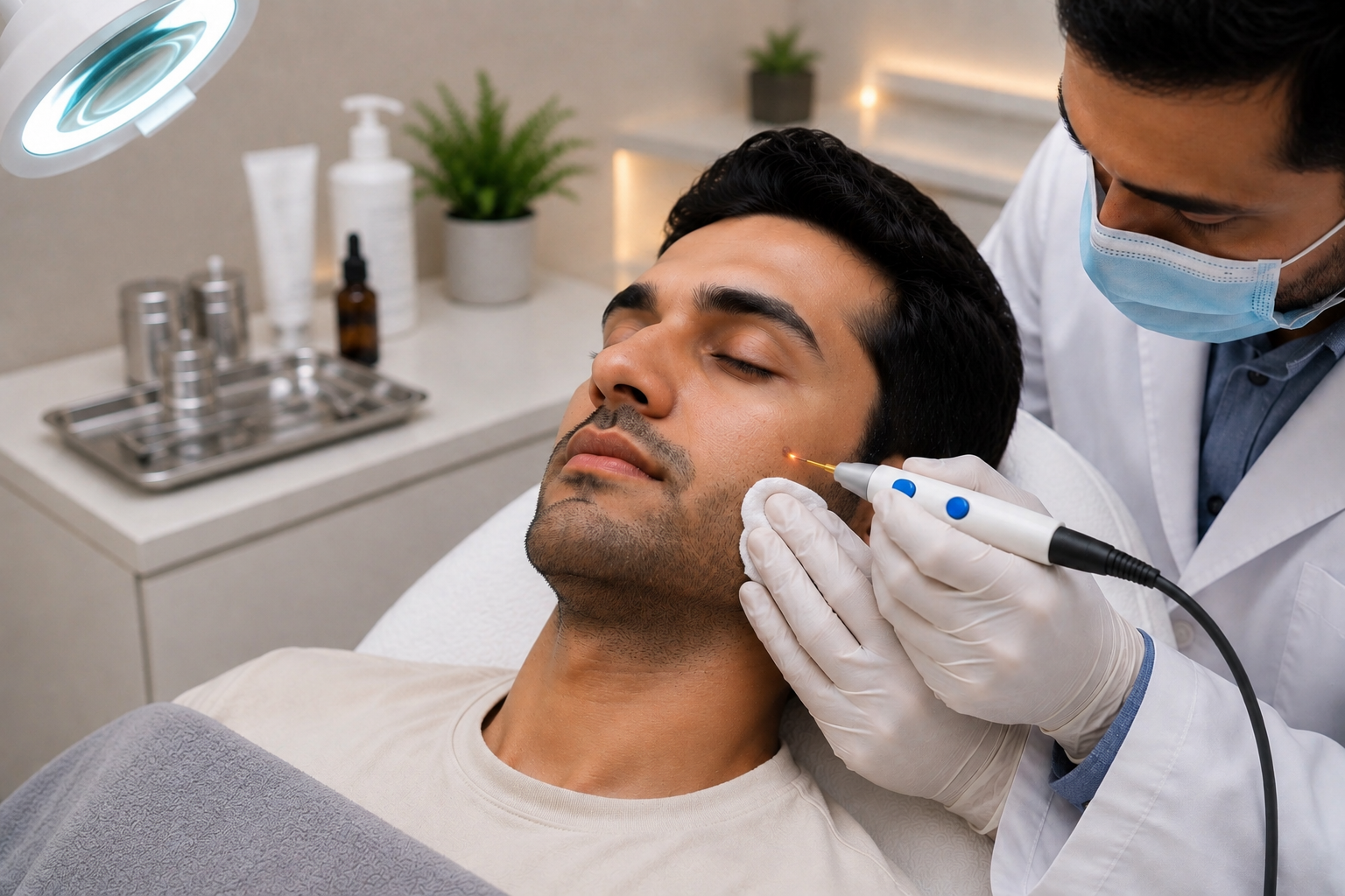 Doctor performing skin lesion assessment and removal at Dr Hair