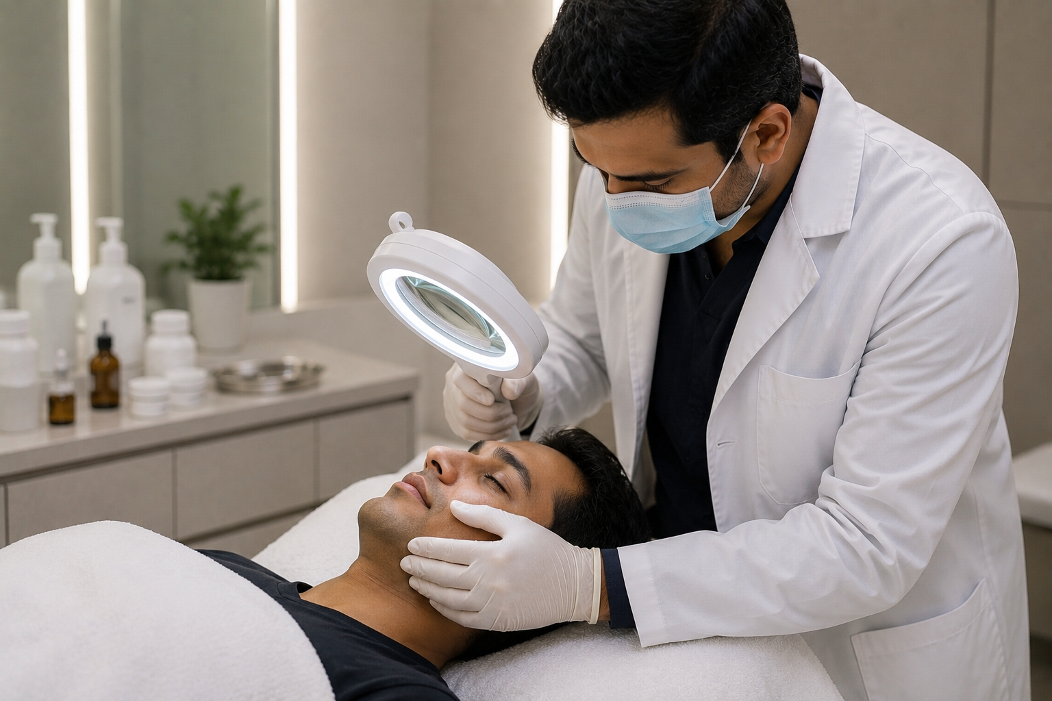Doctor performing a clinical dermatology skin examination at Dr Hair