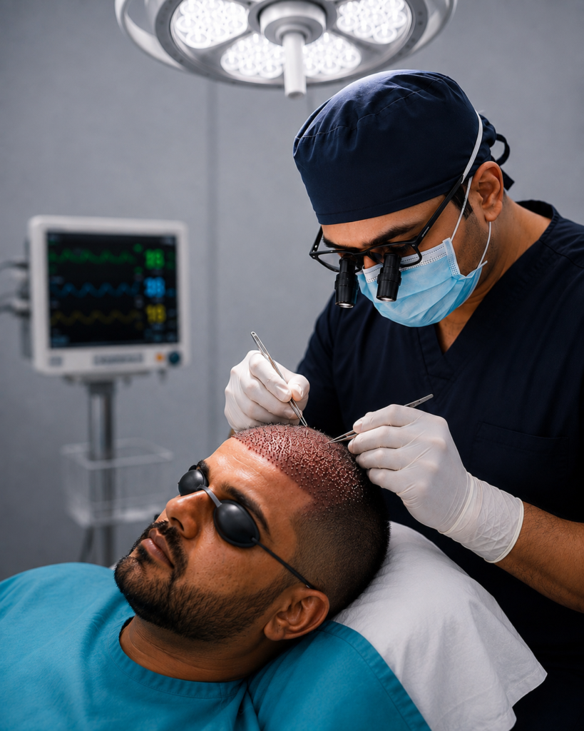 Hair transplant procedure being performed by a doctor at Dr Hair